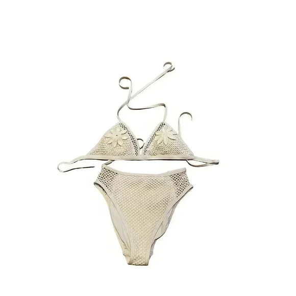 NEW Robin Piccone Pua Cream Crochet Triangle High Waisted Bikini Size Large - Picture 9 of 16